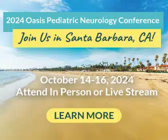 Santa Barbara, California beach advertising the 2024 Oasis Pediatric Neurology Conference on October 14-16, 2024.